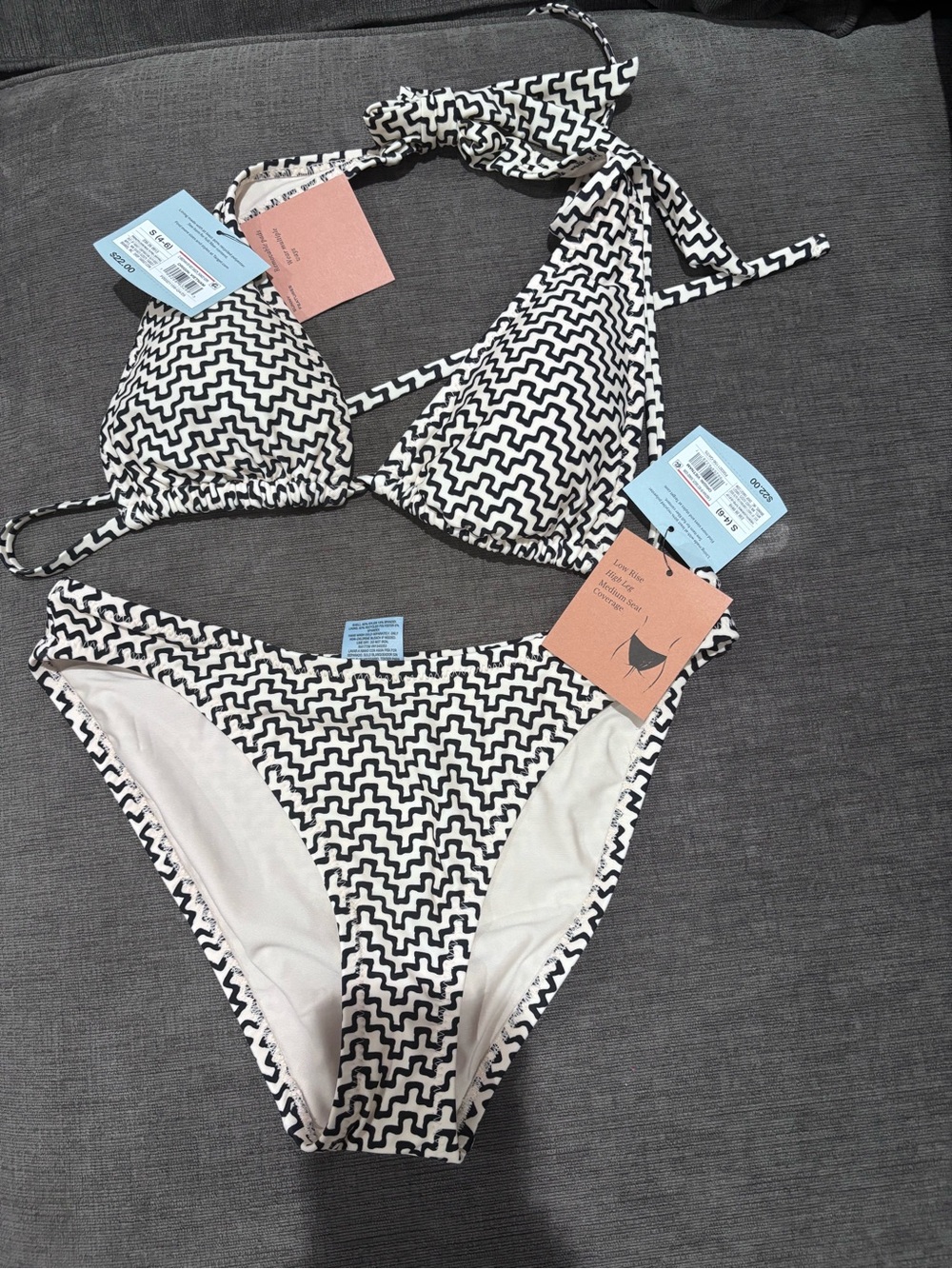 Shade & Shore Black & Cream Geometric Tie Triangle Bikini Set Size Small NWT